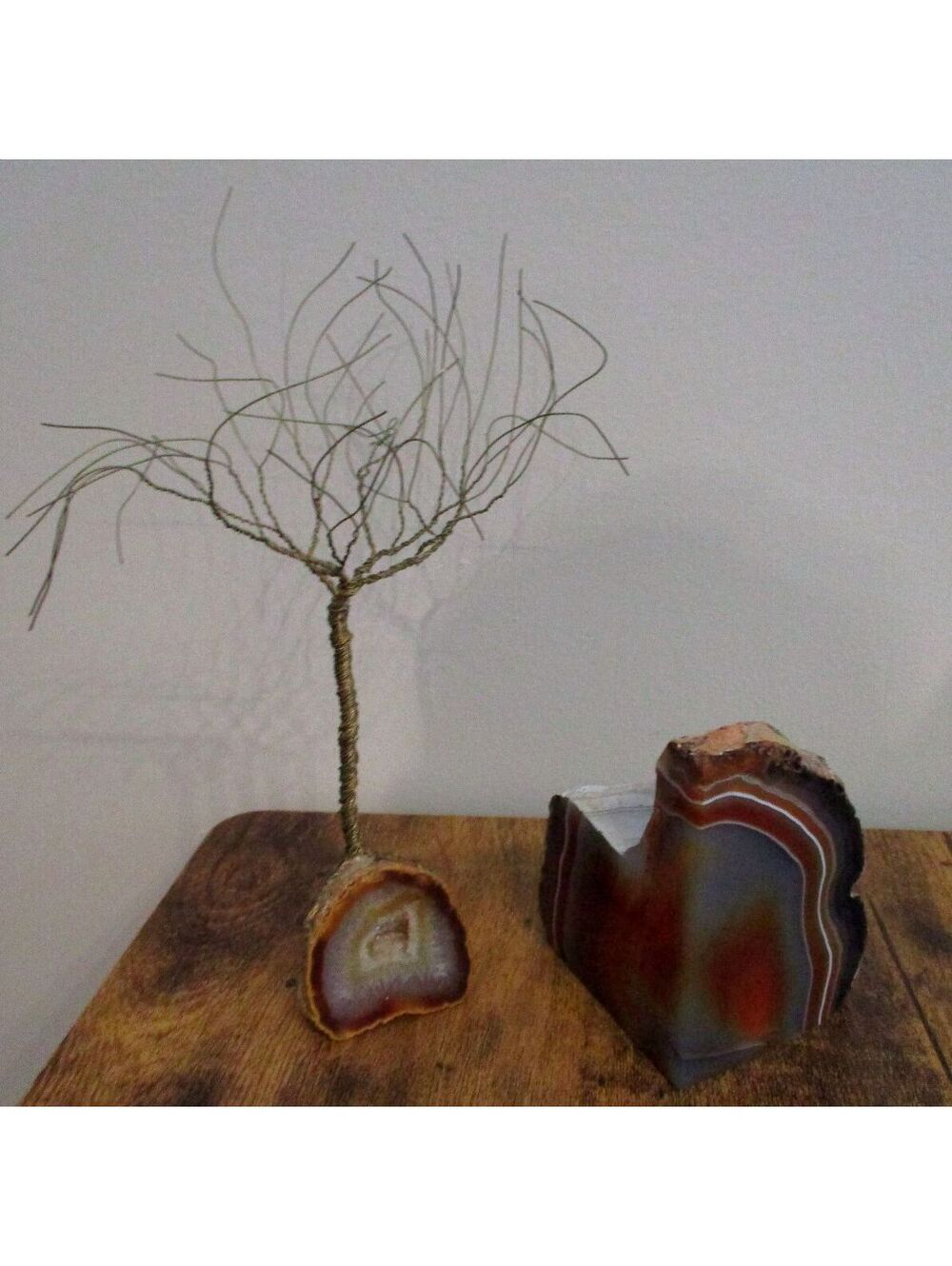 Vintage Brazilian Agate Bookend Wire Tree Sculpture Late 20th Century Art